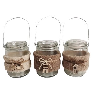 Boltze Windlichter Matje, 3-fach sortiert, braun-beige, Ø 9 cm. Deko-Windlicht mit Griff.