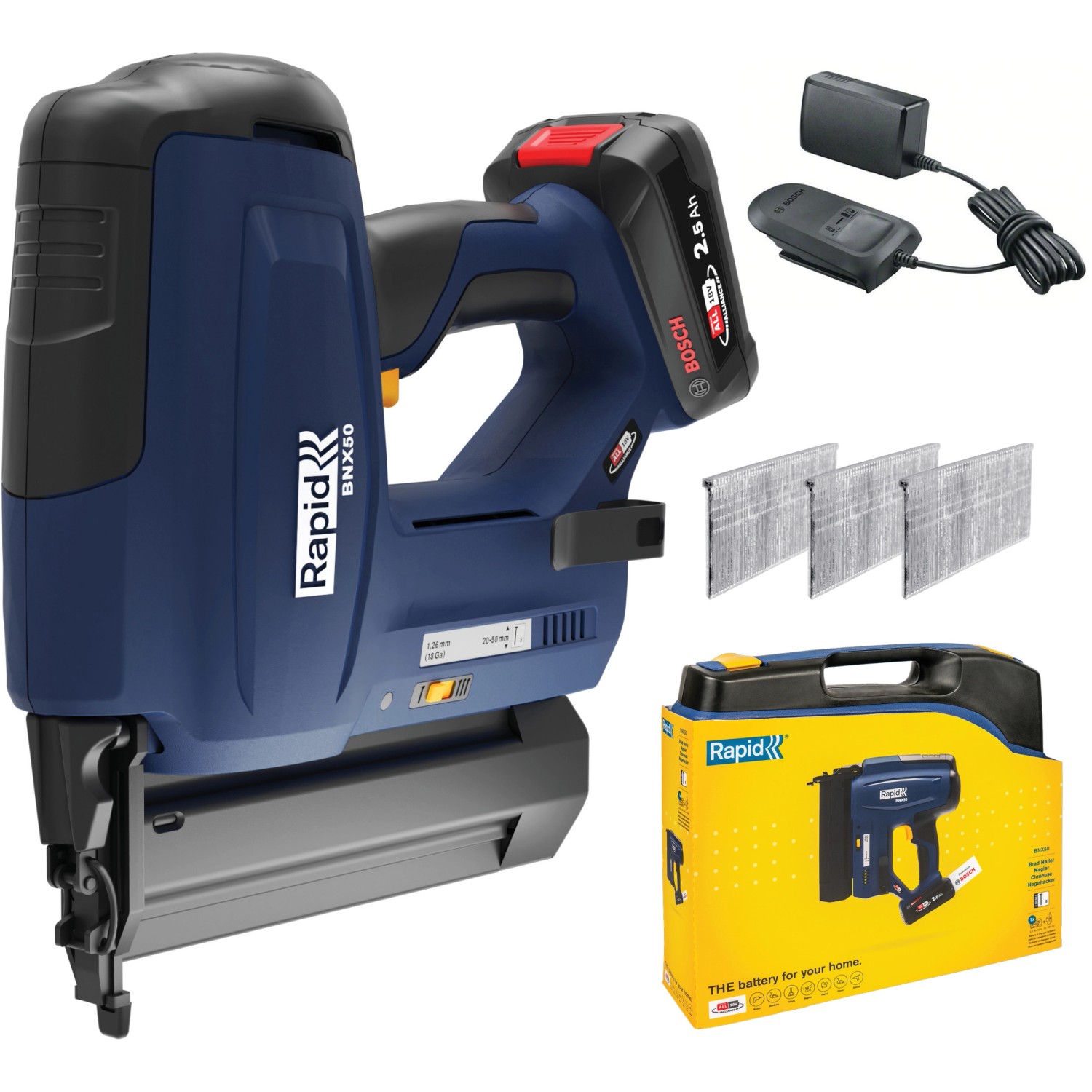Rapid Akku-Nagler BNX50 18V mit Akku, Ladegerät, Nägeln und Koffer. Ideal zum Befestigen von Zierleisten.