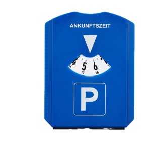 Blaue Kunststoff-Parkscheibe mit Zeiteinstellung und P-Symbol. Praktische Parkuhr, Eiskratzer & Einkaufschip.