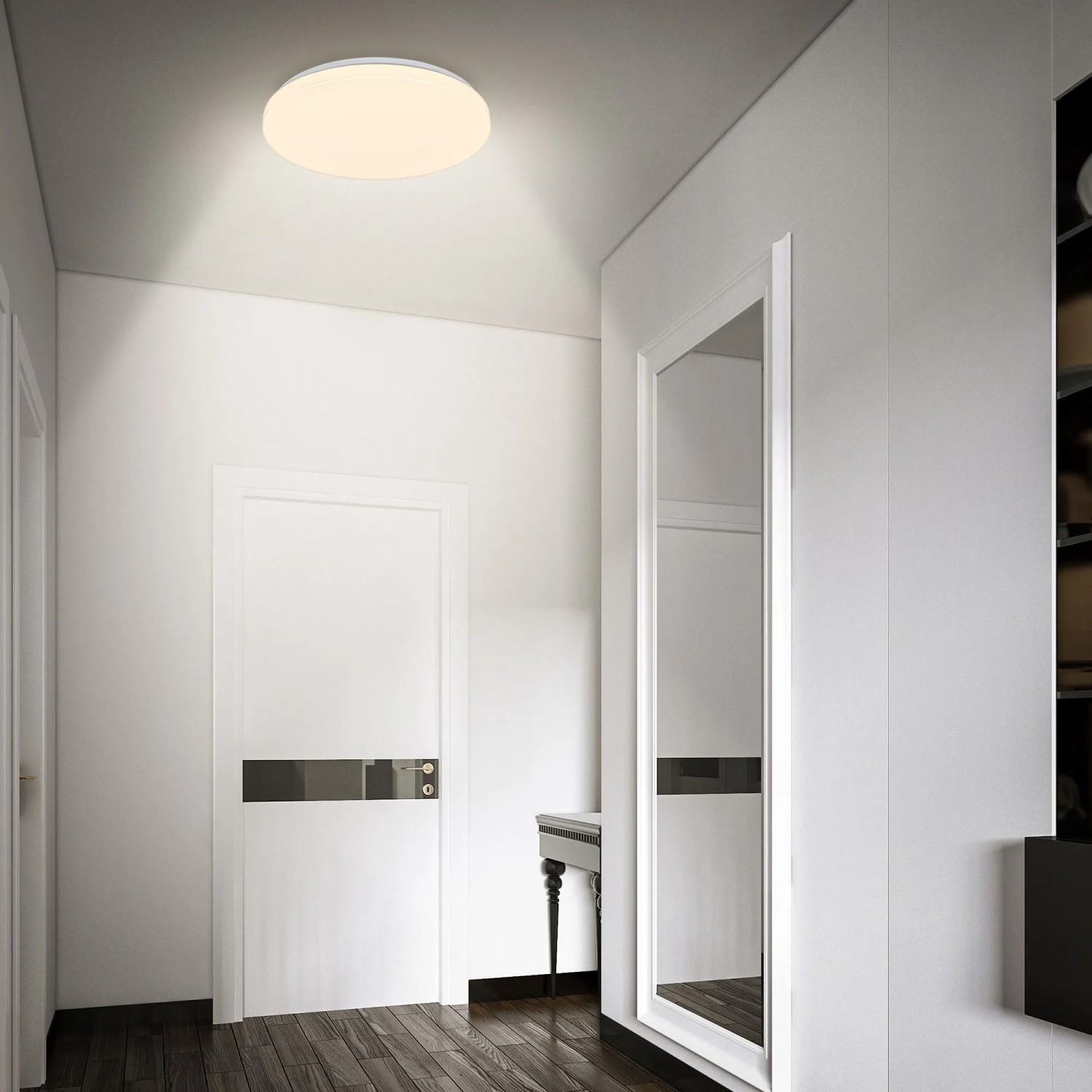 Weiße, runde Brilo LED-Deckenleuchte Walk mit warmem Licht an Decke im modernen Flur. Mit Bewegungsmelder und Dämmerungssensor.