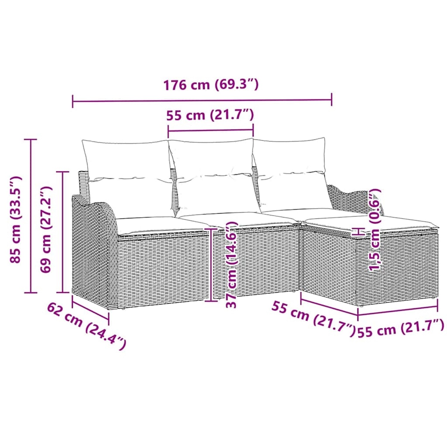 vidaXL 4-teiliges Garten-Sofa-Set aus schwarzem Rattan mit Maßangaben.