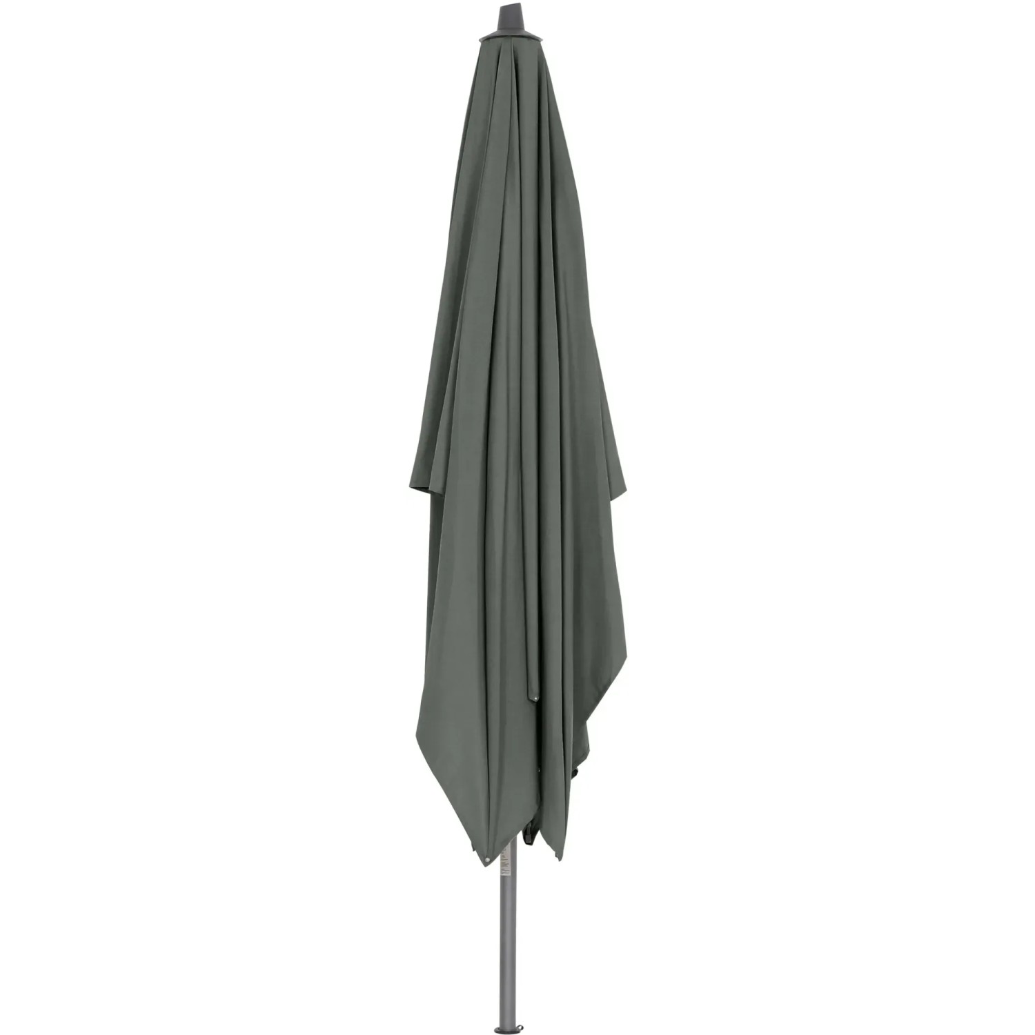 Zusammengeklappter, grüner Siena Garden Marktschirm 300x200 cm mit Kurbelmechanik.