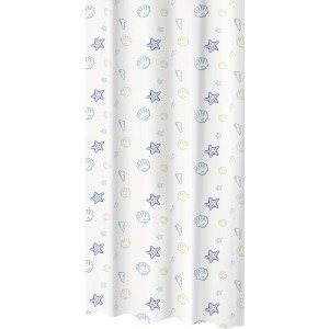 BWO Maggie Duschvorhang blau mit Muschel- und Seesternmuster, 180x200 cm.