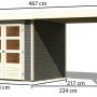 Karibu Holz-Gartenhaus Raala in Terragrau mit Pultdach und Maßangaben.