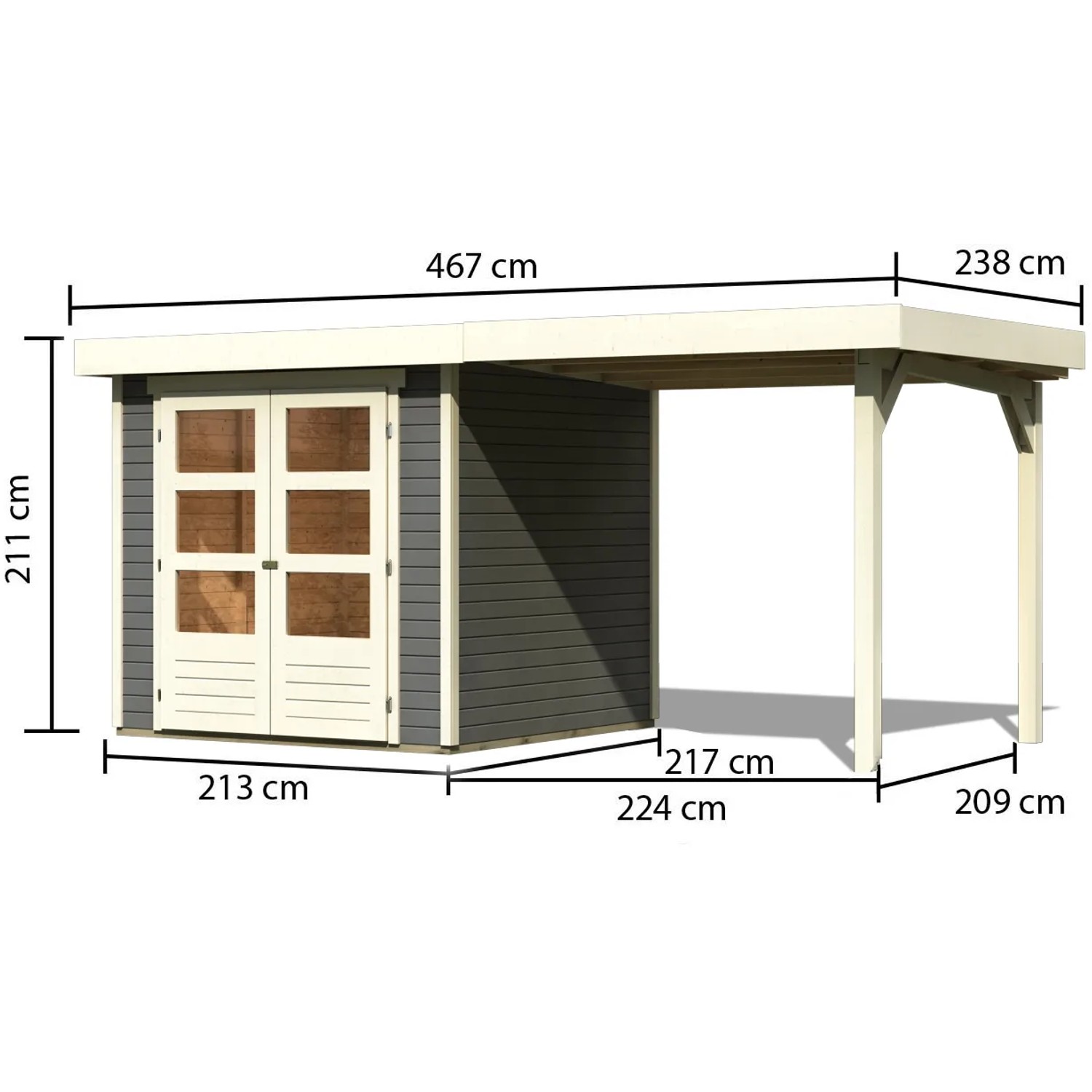 Karibu Holz-Gartenhaus Raala in Terragrau mit Pultdach und Maßangaben.