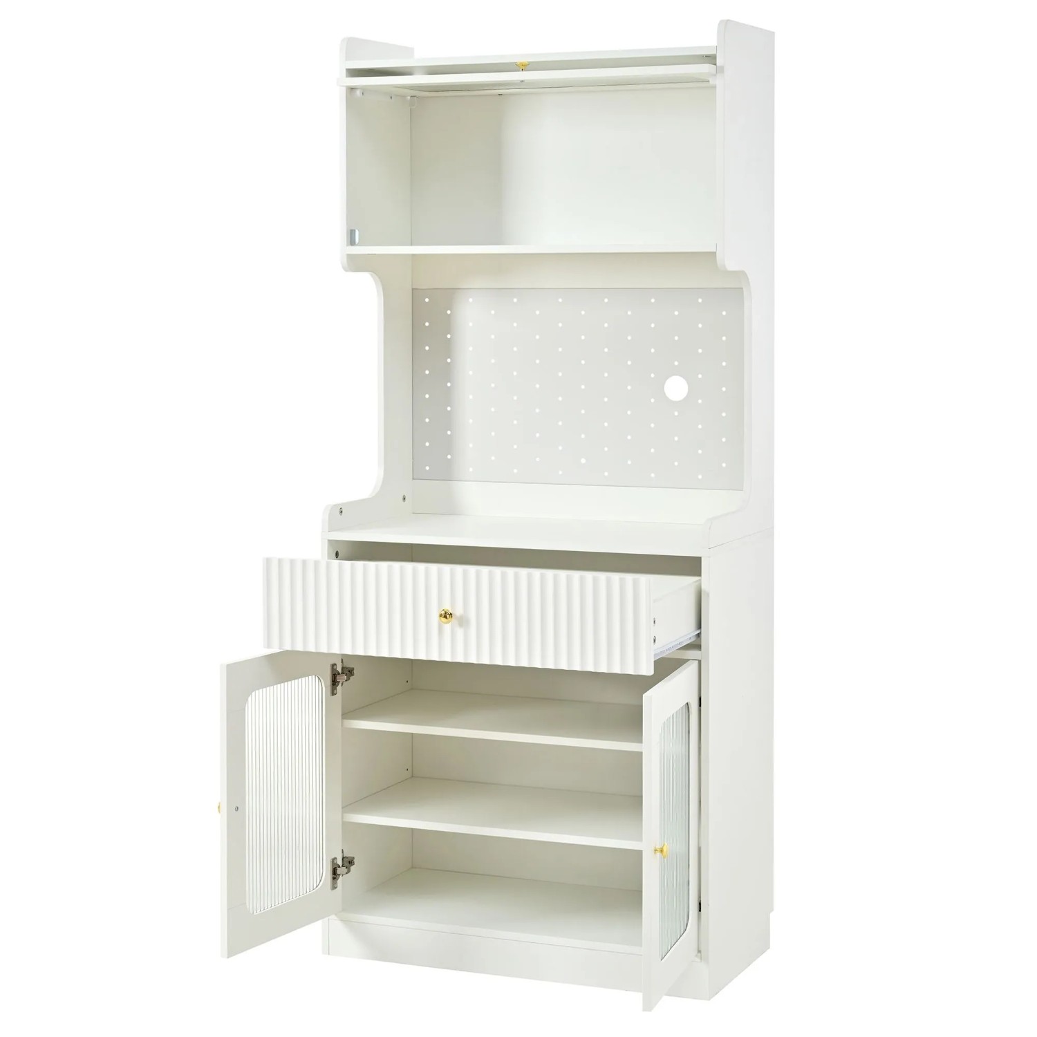 okwish Highboard mit LED Beleuchtung Riffelglas Küche 80x40x180cm Weiß