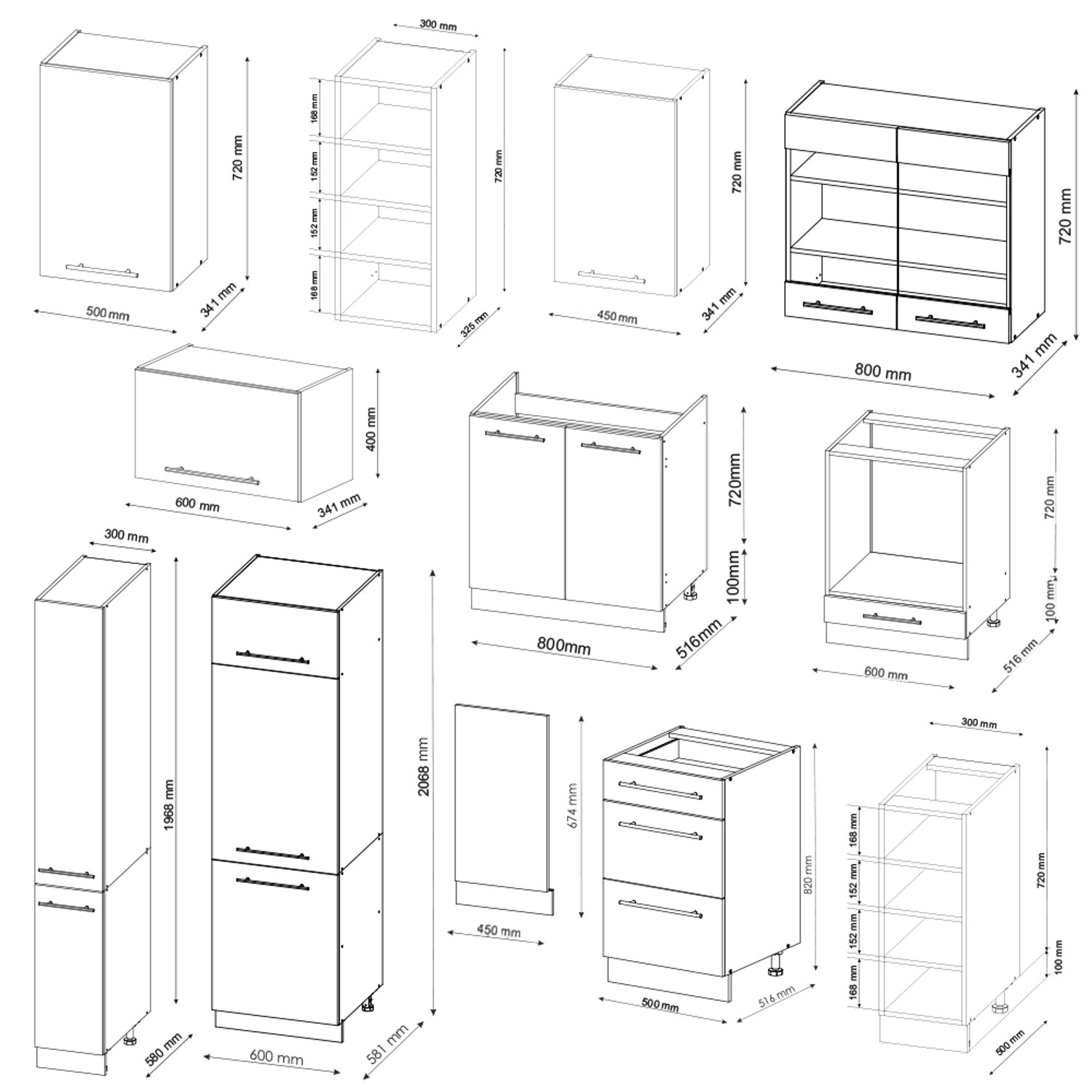 Skizze: Vicco Fame-Line Küchenzeile 355cm, verschiedene Schrankmodule mit Maßen.