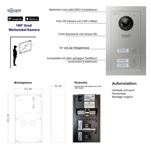 Goliath IP Video Türsprechanlage für 3 Familien, 7 Zoll, Weiß/Silber, Unterputz. Mit App-Steuerung.