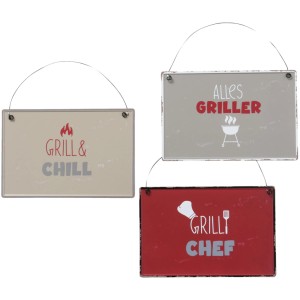 Mehrfarbiges Boltze Schild 3-fach sortiert mit Grillmotiven als Deko-Highlight.