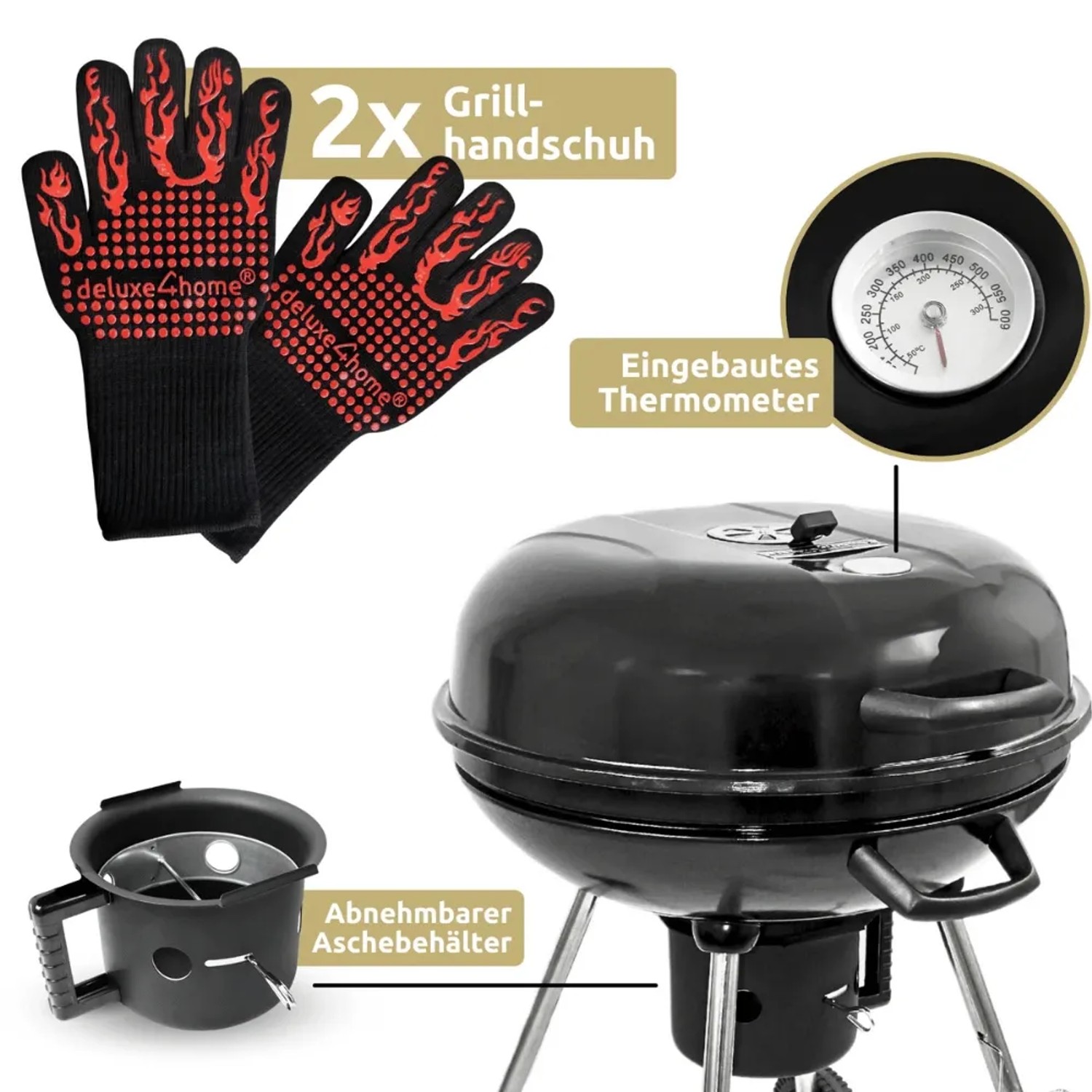 DELUKE Kugelgrill ENNO: Holzkohlegrill mit Thermometer, Aschebehälter und Grillhandschuhen.
