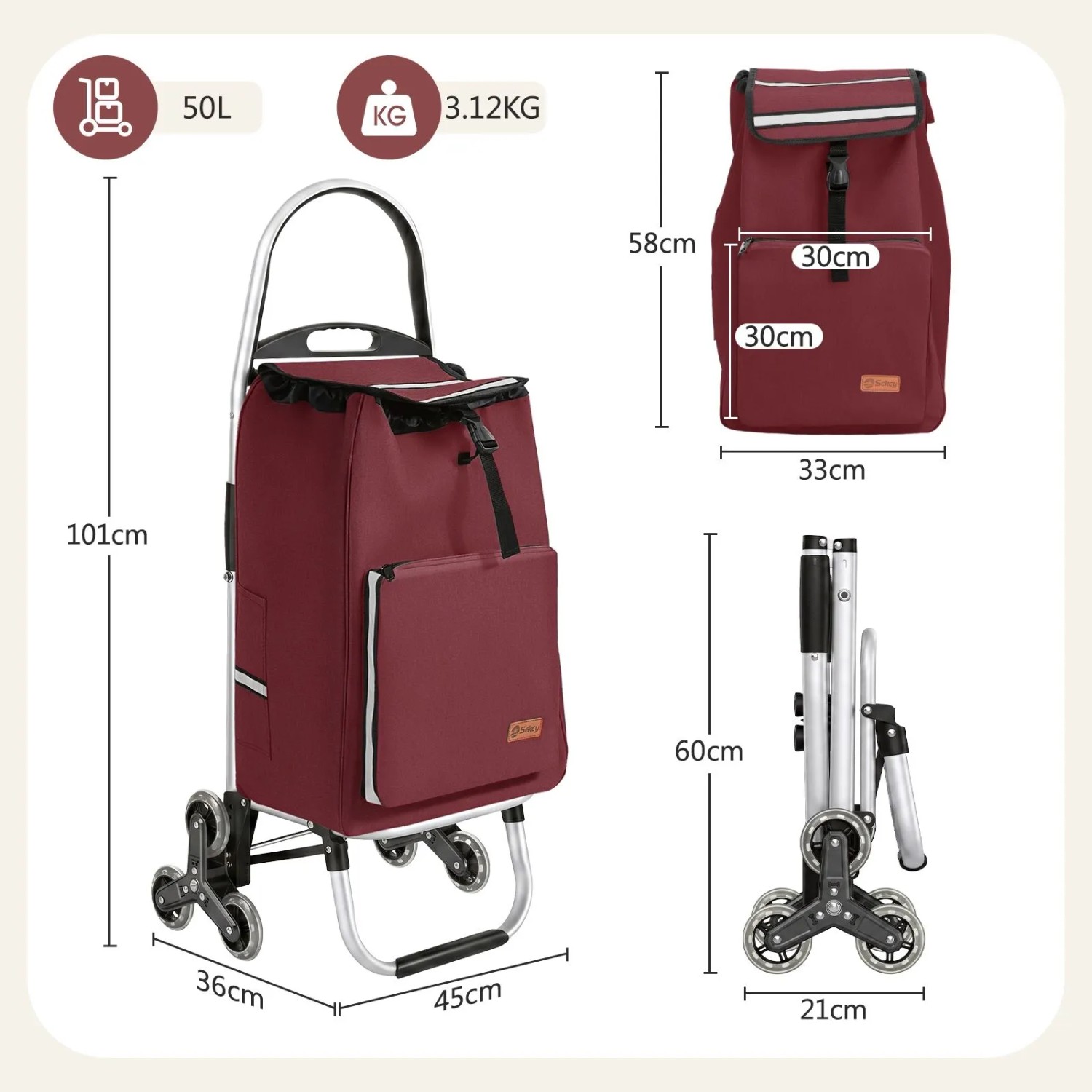 Sekey Einkaufstrolley, 50L, rot, mit Kühlfach und Treppensteiger-Funktion. Ideal für Einkäufe.