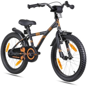 Schwarzes 18 Zoll PROMETHEUS Kinderfahrrad mit Stützrädern und Rücktrittbremse.