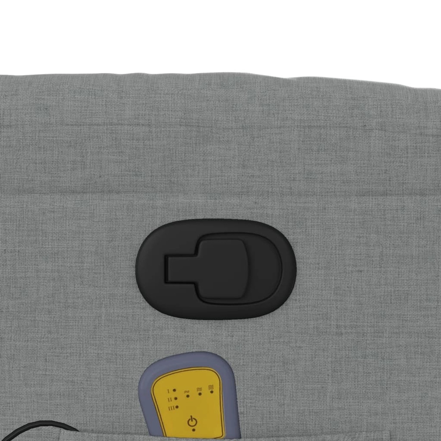 Detailansicht: Hellgrauer Massagesessel vidaXL mit Verstellhebel und Fernbedienung in Seitentasche.