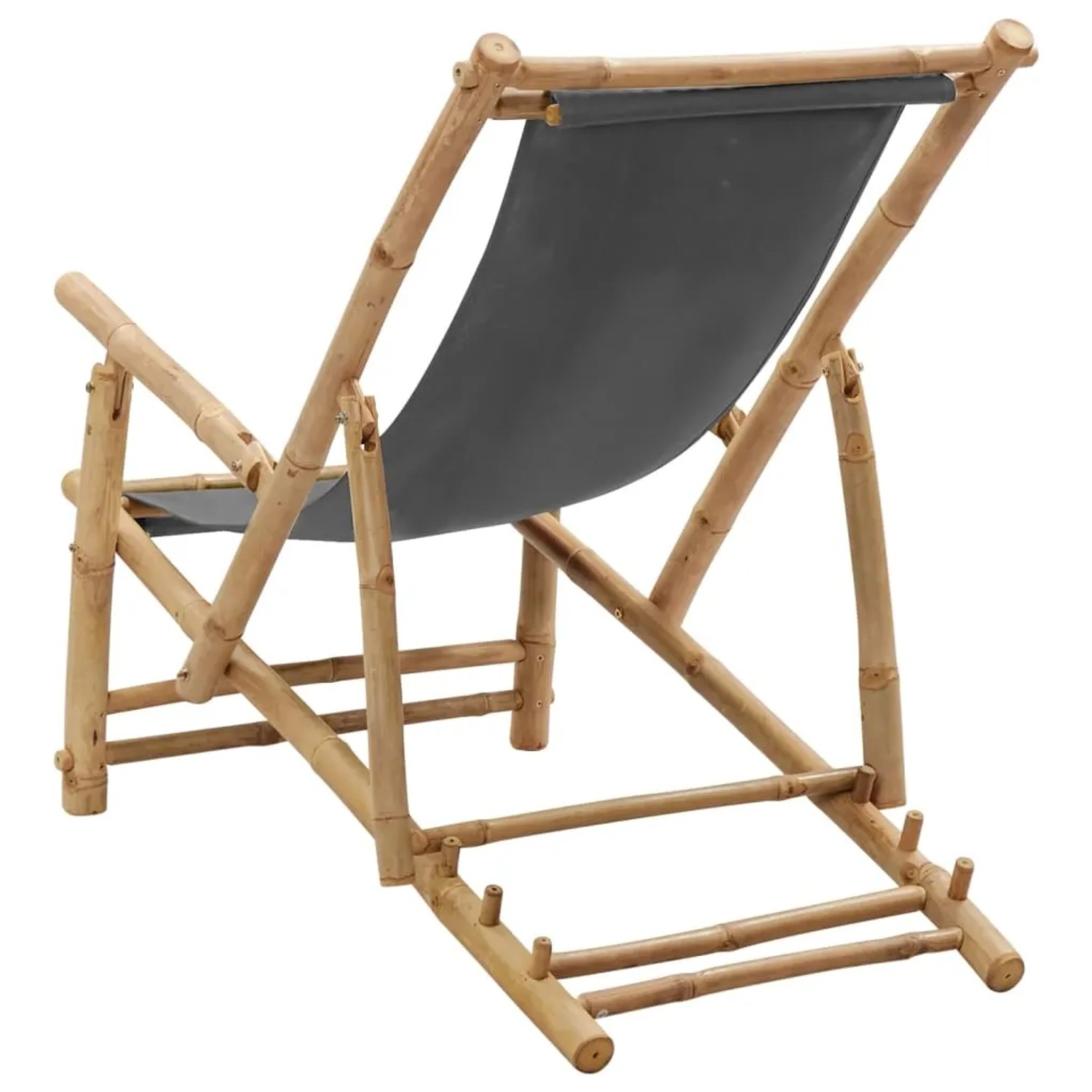 Dunkelgrauer vidaXL Liegestuhl aus Bambus und Canvas, von hinten.