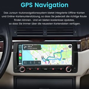 Junsun Autoradio mit Navigationssystem im BMW E46 Armaturenbrett, zeigt eine GPS-Karte mit Route und Ankunftszeit.