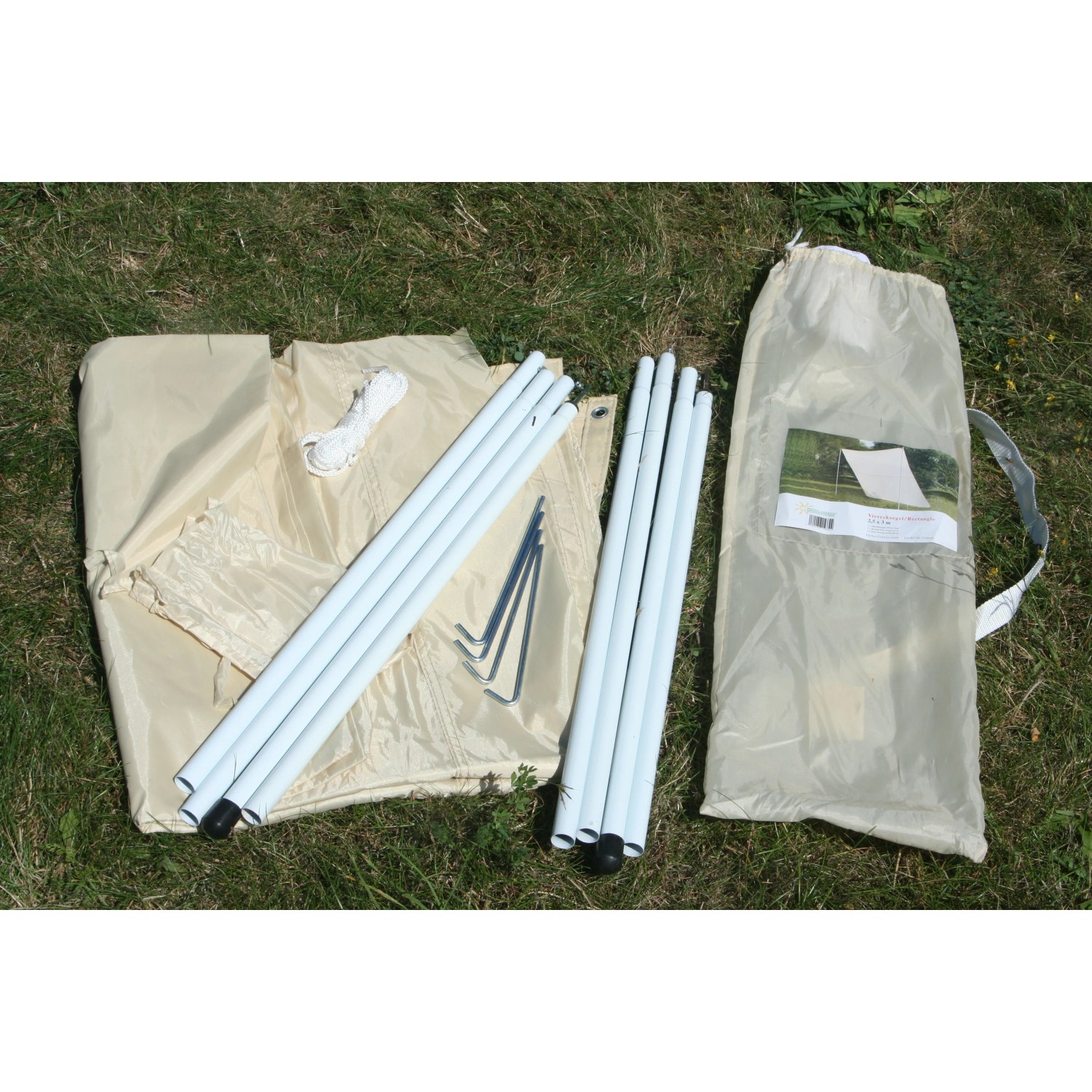 Floracord Camping Sonnensegel Sand, 250x300cm, mit Heringen, Stangen und Tragetasche.