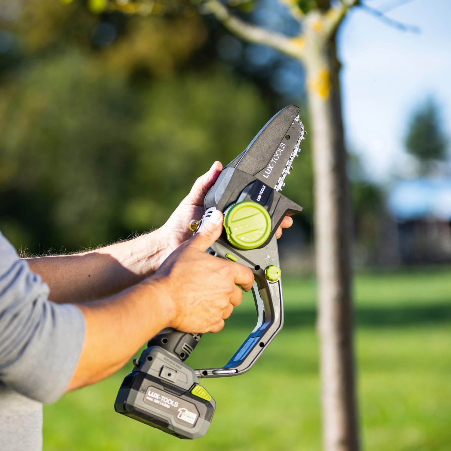 LUX-TOOLS Akku-Astsäge A-EAS-20/154 im Einsatz, Akku-Kettensäge für Gartenarbeiten.