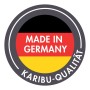 Karibu Qualitätssiegel: Rundes Logo mit Deutschlandflagge und Schriftzug "Made in Germany".