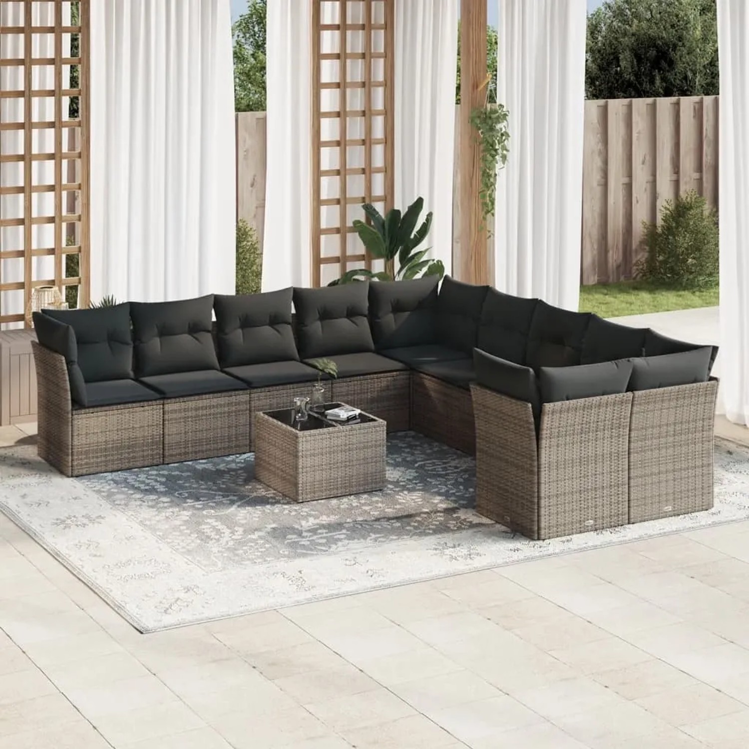 Graue 11-tlg. vidaXL Garten-Sofagarnitur aus Polyrattan mit Kissen und Tisch.
