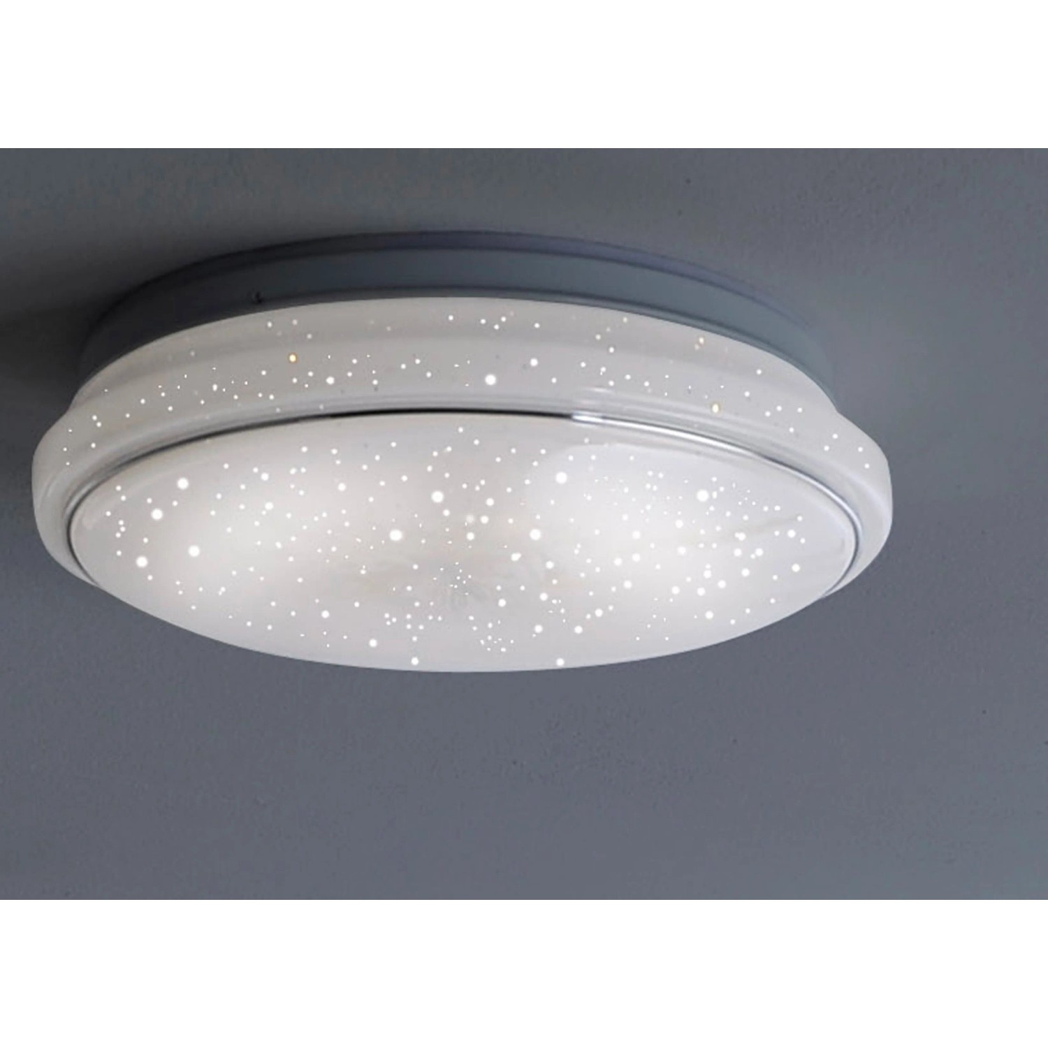 Weiße LED-Deckenleuchte Jupiter Ø 35 cm mit Sternenhimmel-Optik für stimmungsvolle Beleuchtung.