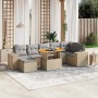 Beige 8-tlg. Garten-Sofagarnitur aus Poly Rattan mit hellgrauen Kissen und höhenverstellbarem Tisch.