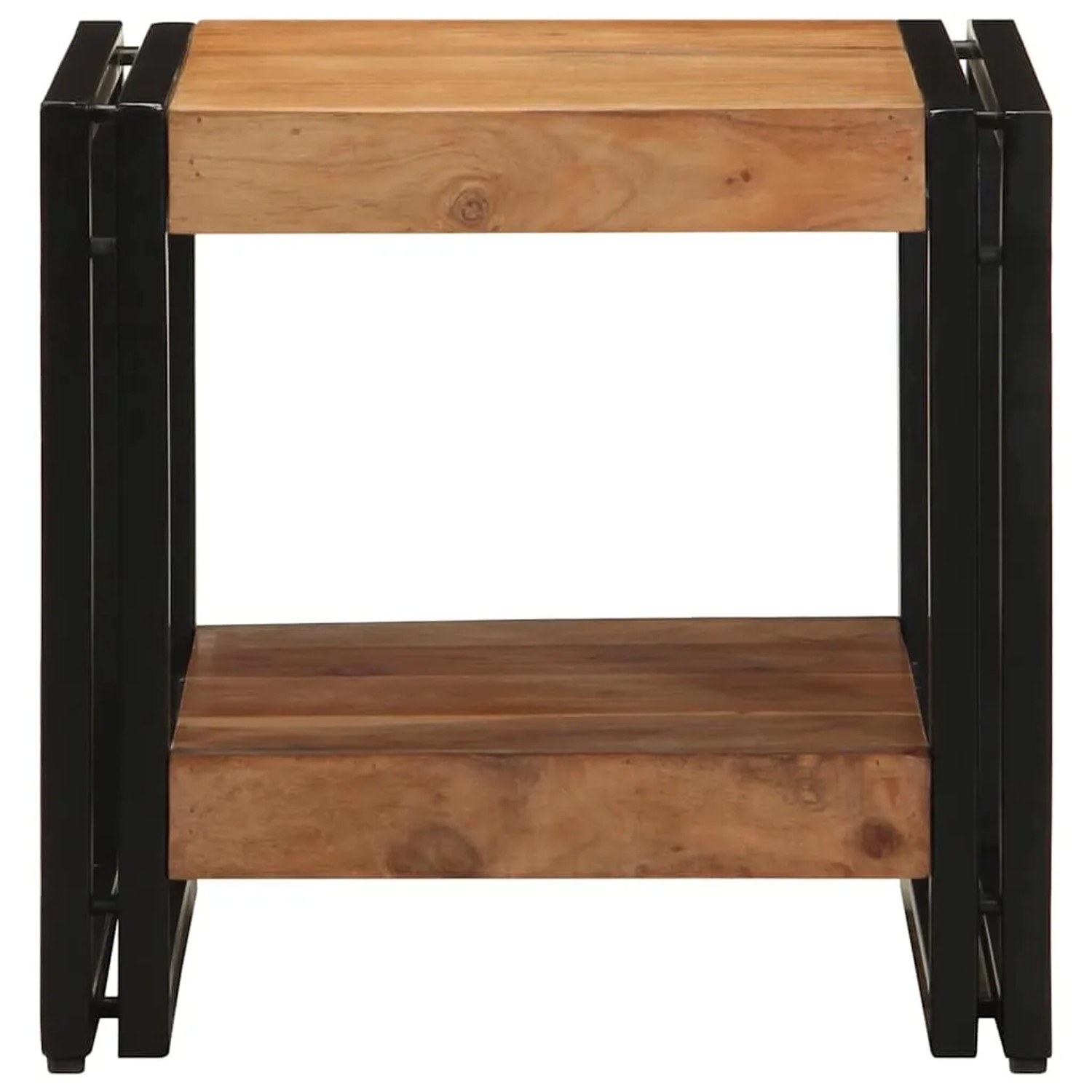 Brauner Couchtisch aus Akazienholz mit Ablage, 40x40x38 cm.