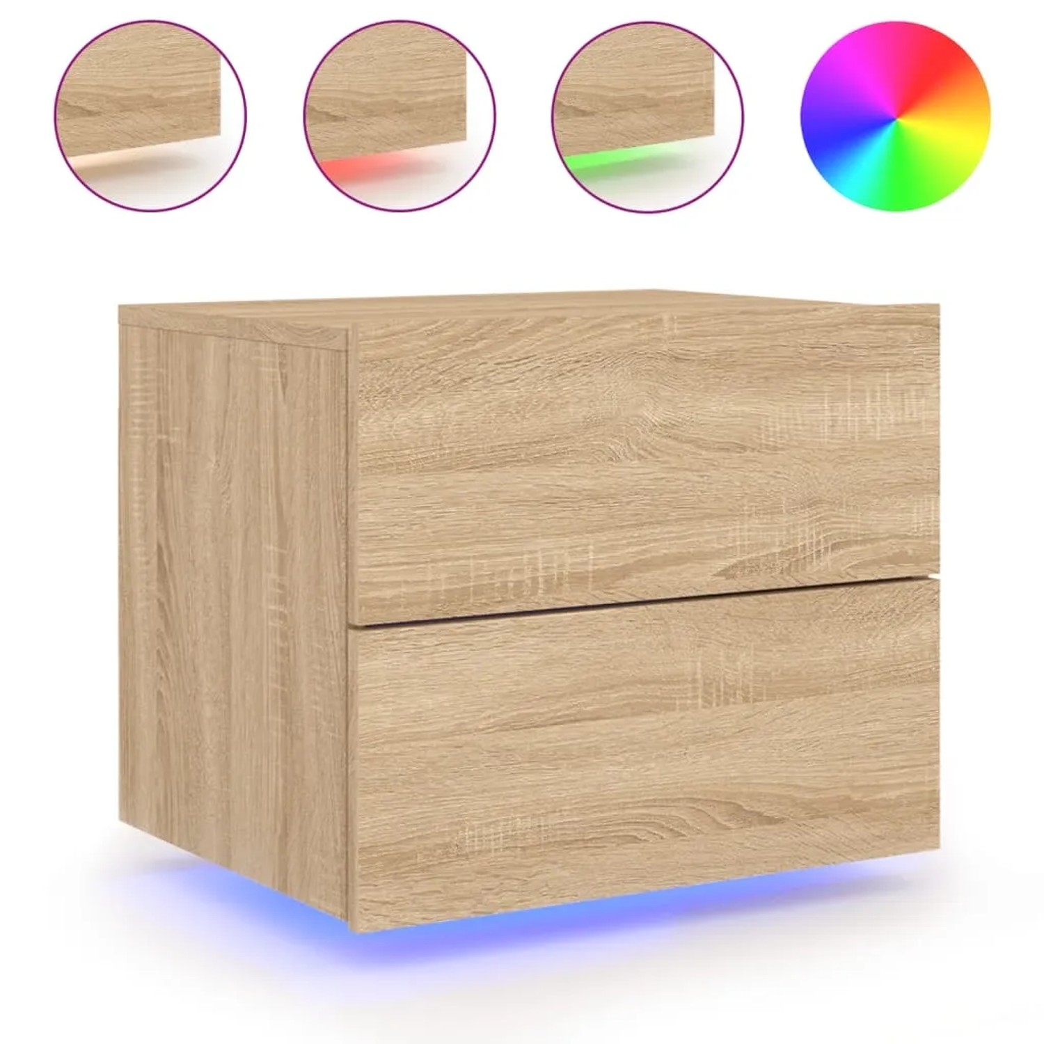Wand-Nachttisch Sonoma-Eiche mit LED, 2 Schubladen. Schwebender Nachttisch mit RGB-Beleuchtung.