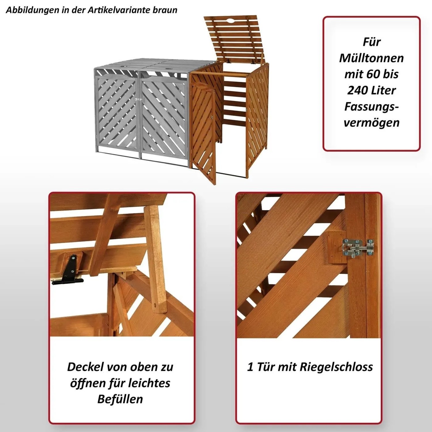 Braune Proregal XL Mülltonnenverkleidung Erweiterung aus gebeiztem Tannenholz, Deckel offen, Riegelschloss.
