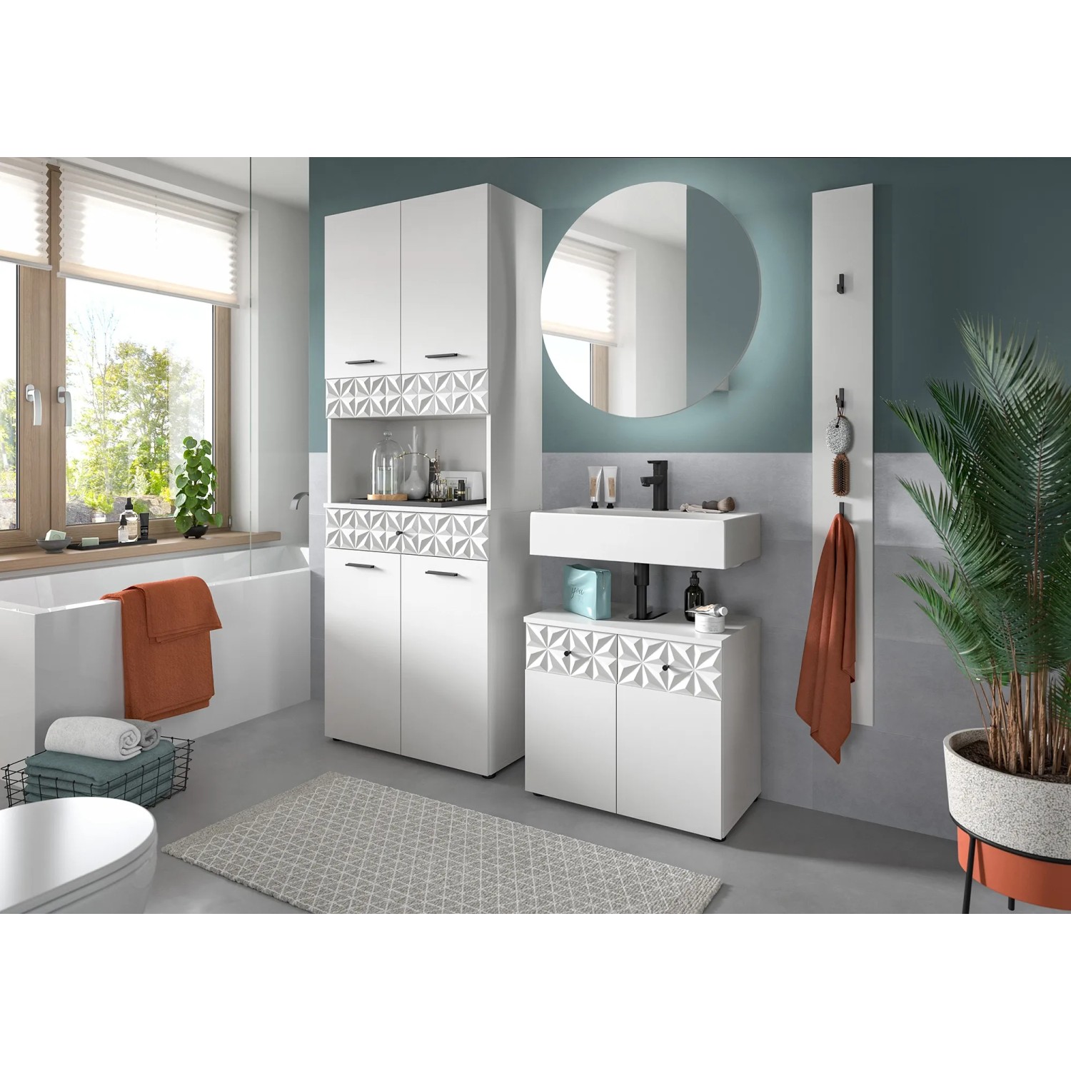 Modernes Badezimmer mit weißem Prisma Paneel (150cm) als Wandpaneel und Akustikpaneel.