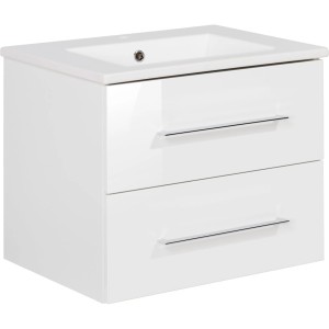 Fackelmann Einzelwaschtisch B.Perfekt, 60 cm, Weiß Hochglanz mit zwei Schubladen und Chromgriffen.
