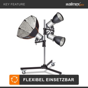 Walimex Pro Rollstativ mit 2 Klemmhaltern, Studioblitzen und Softbox. Höhenverstellbares Lichtstativ für Fotostudio.