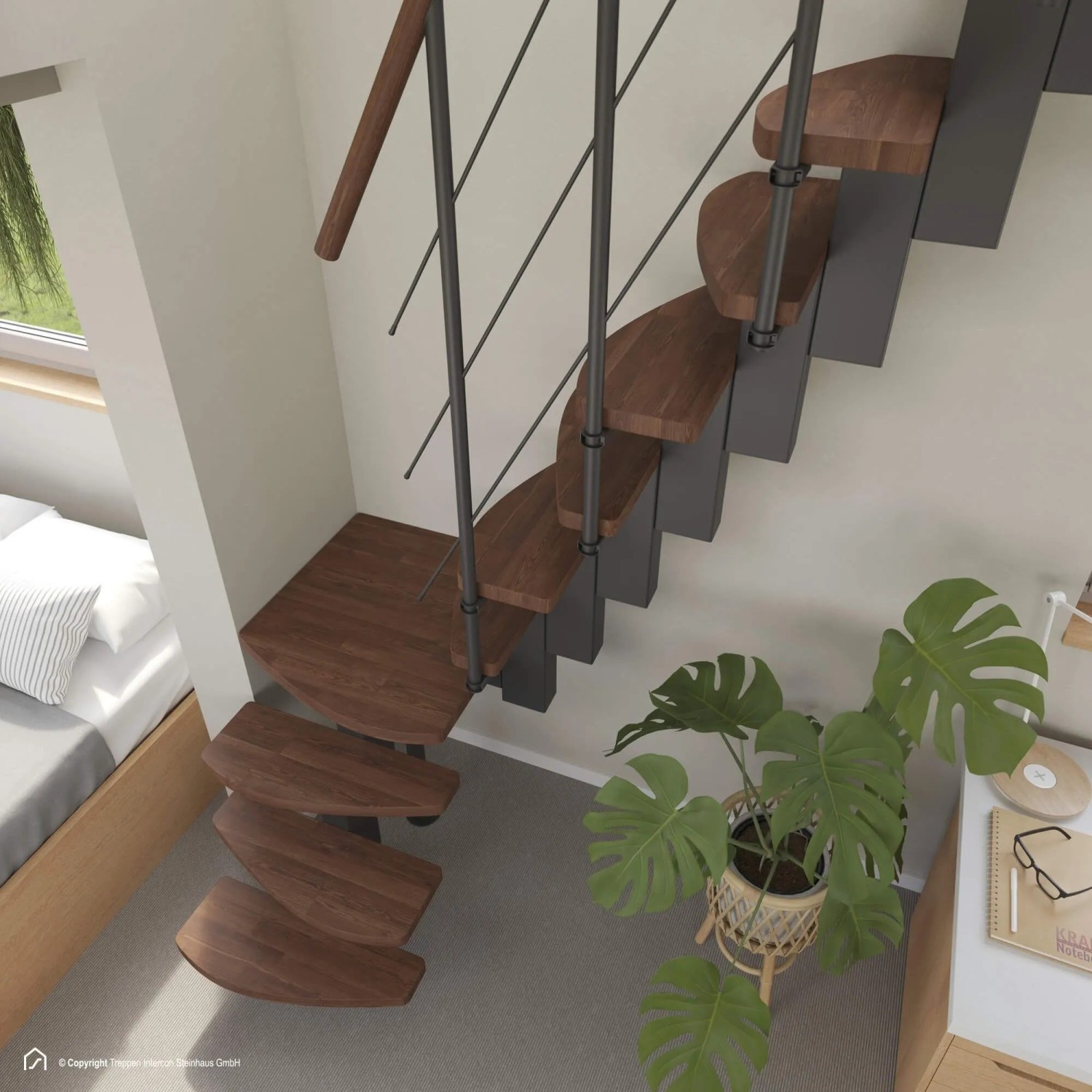 Raumspartreppe Quadro mit 12 dunklen Buchenstufen, schwarzem Mittelholm und Geländer im modernen Wohnraum.