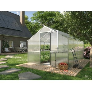 KGT Gewächshaus Alu blank 12,74 m² mit geöffneter Tür im Garten.