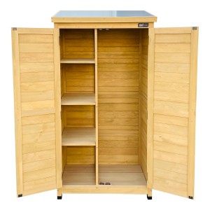 Offener Axi Gartenschrank Hugo aus Holz in Braun mit Ablagen und verzinktem Dach.
