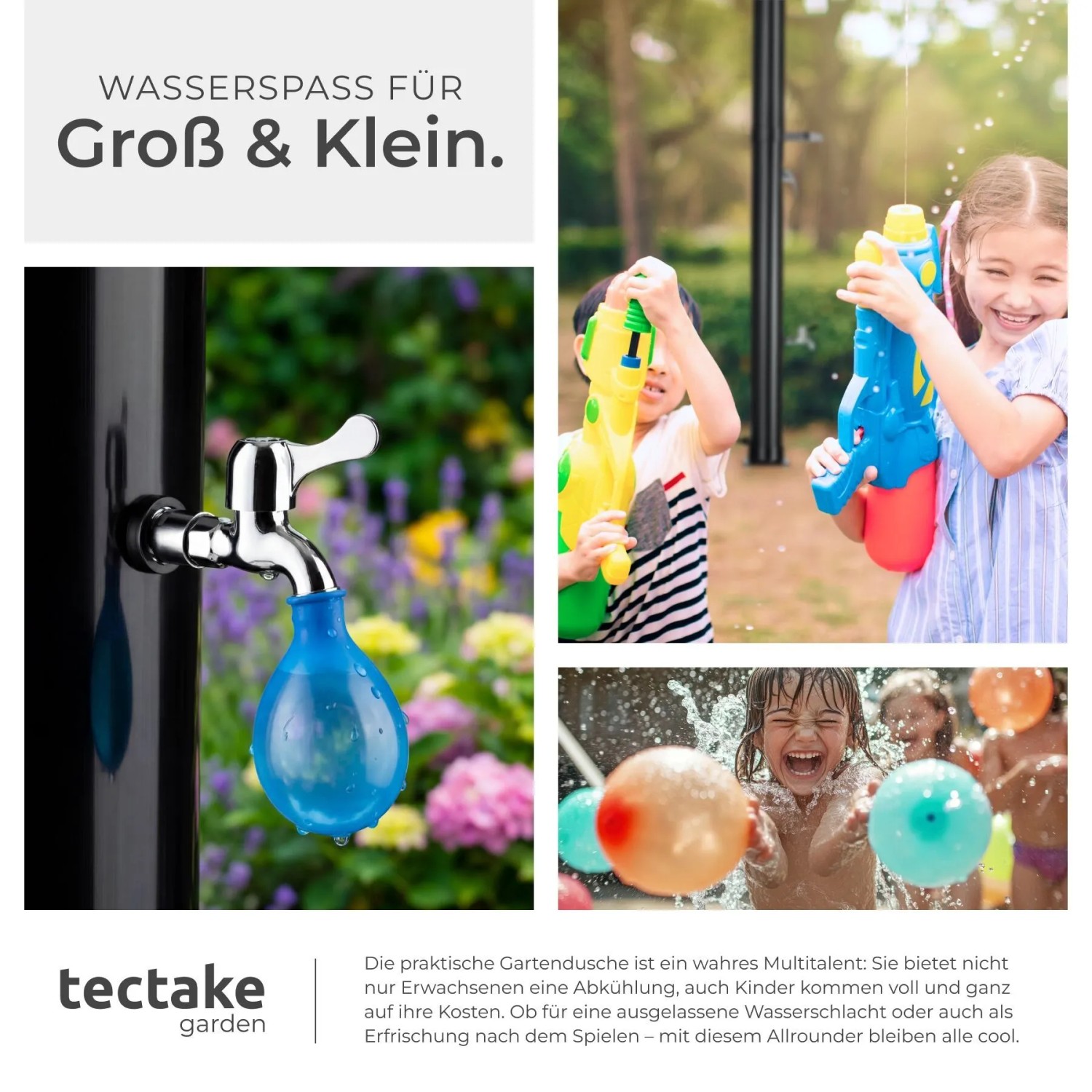 Tectake Solardusche Tinto: Gartendusche mit Wasserhahn und spielenden Kindern.