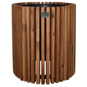 Rundes Pflanzgefäß aus dunkelbraunen Akazienholz-Latten mit Einsatz. Für Innen- & Außenbereich, D31x35 cm.