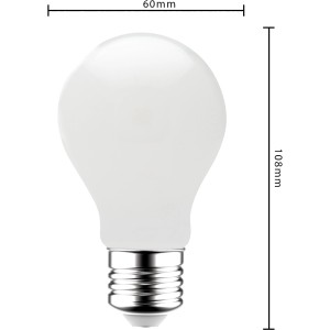 LED-Filament Leuchtmittel E27, A60, 7W, 806lm, 6x10,8cm, mit Maßangaben.