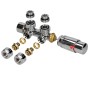 Chrom Badheizkörper Eck-Thermostat-Set mit Mittelanschluss, bestehend aus Thermostat, Ventileinsatz und Anschlussstücken.