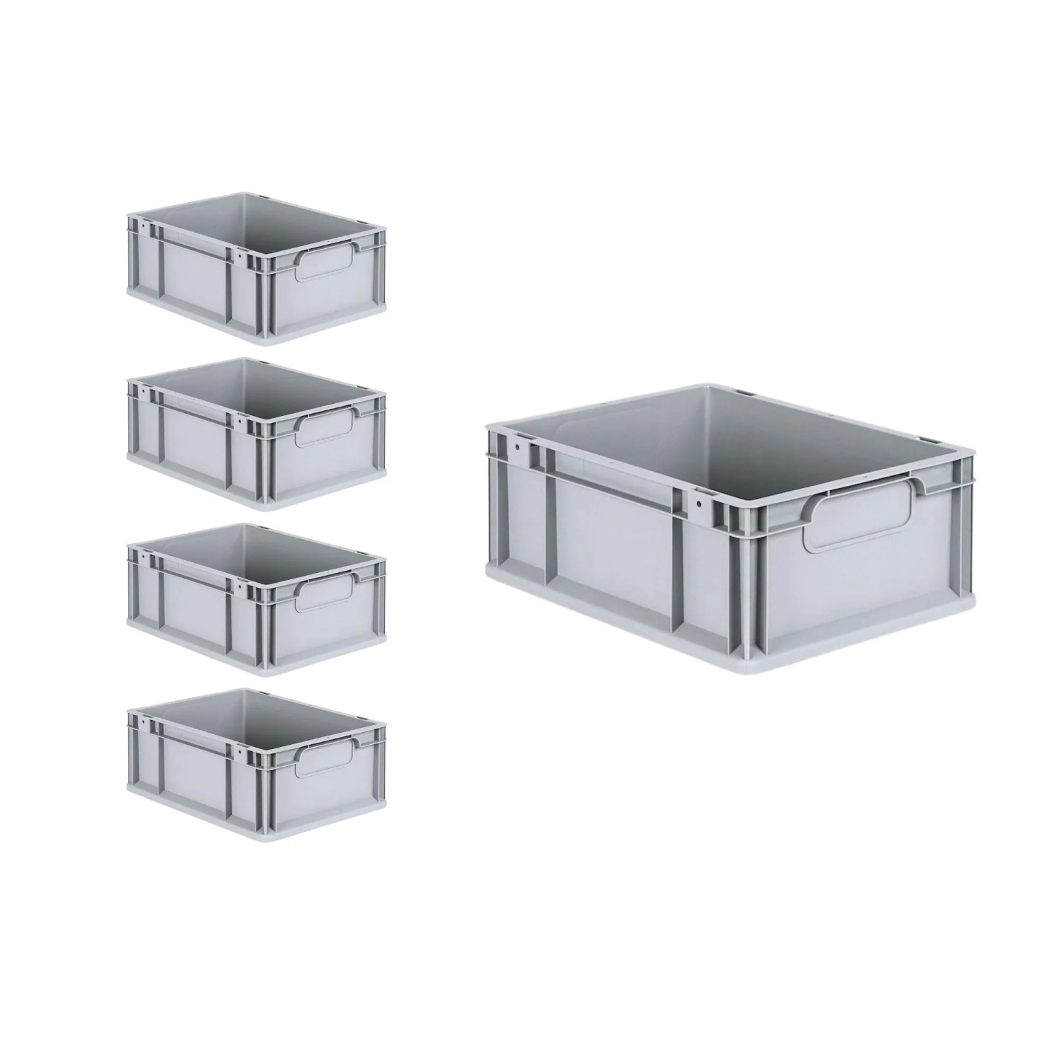 PROREGAL Spar Set: 5 graue Euroboxen mit Deckel und Schnappverschlüssen, 16 Liter, für Lagerung und Transport.