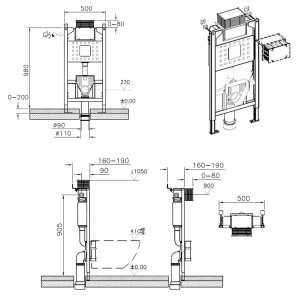 Technische Zeichnung: Pianura Unterputz-Spülkasten 98 cm für Wand-WC EASYPro, Maße und Details.