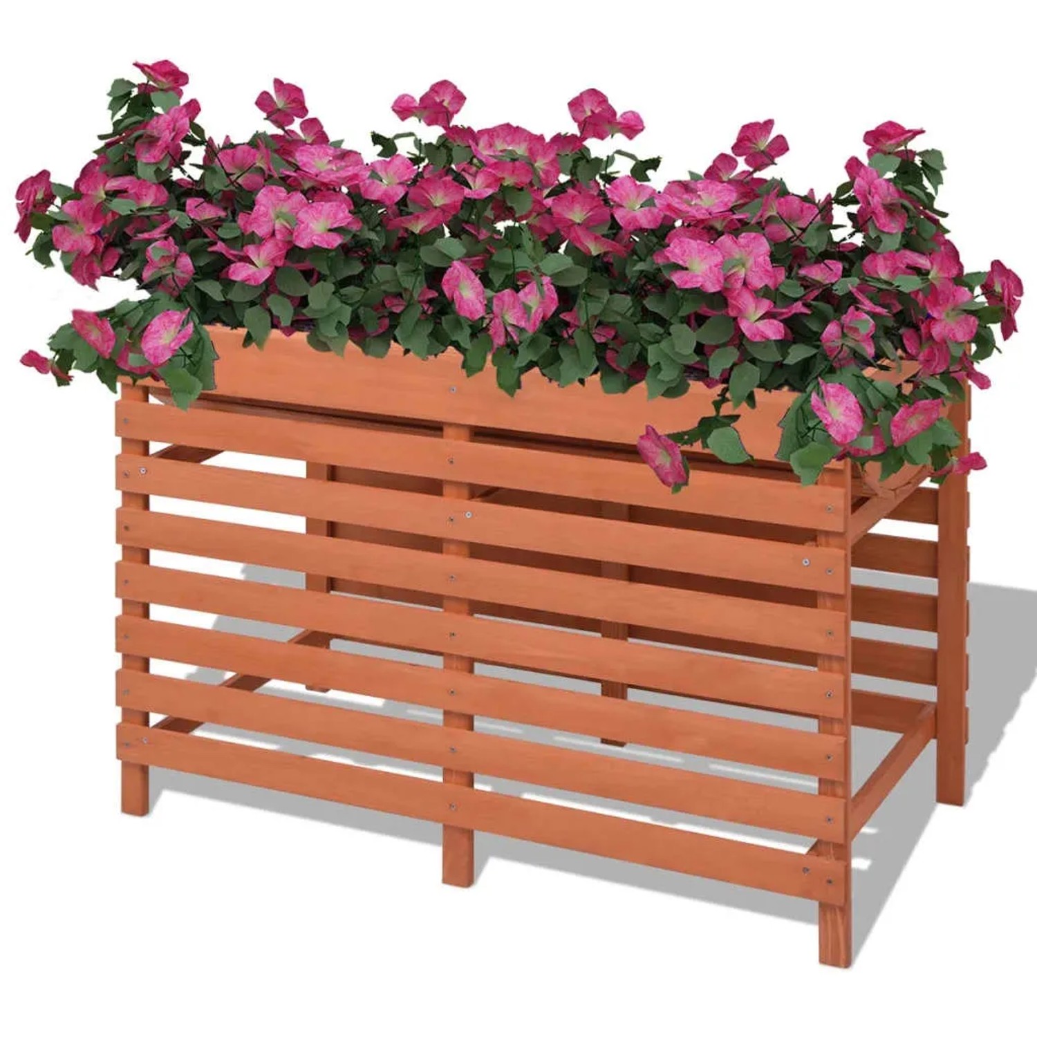 Holz Blumenkasten Hochbeet vidaXL, braun, mit rosa Blumen bepflanzt.
