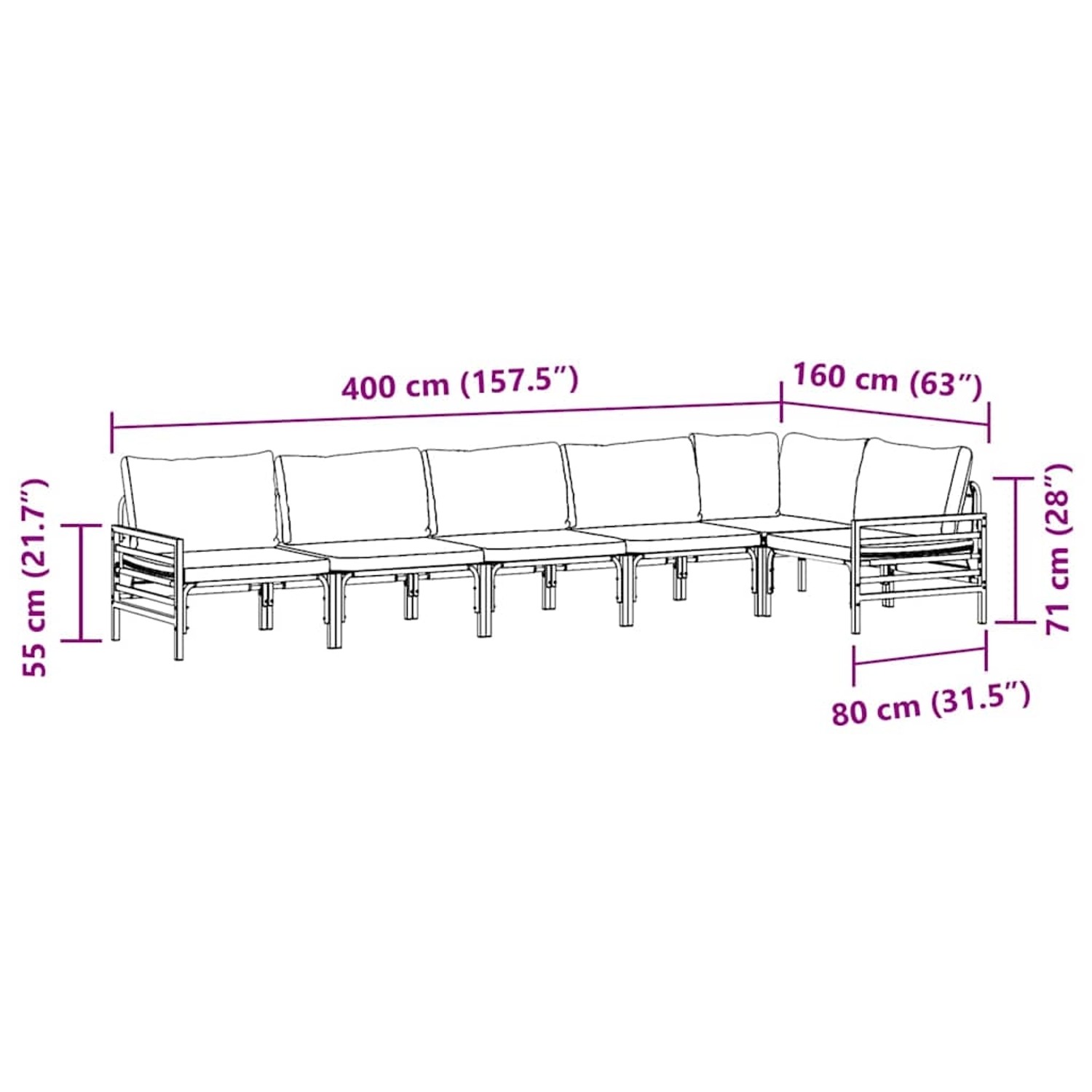 vidaXL Garten-Sofa-Set, 6-teilig, Anthrazit, Stahl, mit Maßangaben.