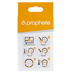 Prophete Fahrradschlauch 27,5 Zoll mit Autoventil in gelber Verpackung mit Montageanleitung.