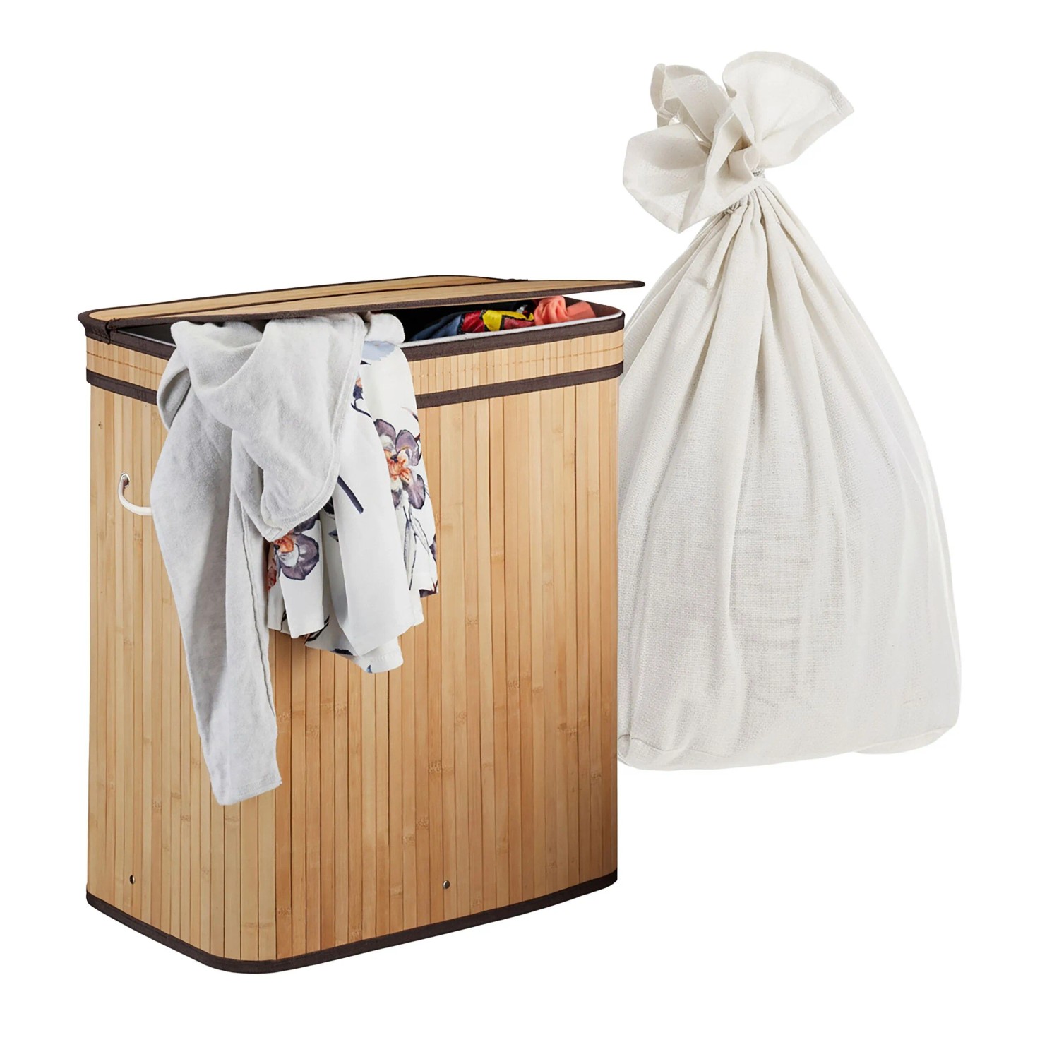 Relaxdays Wäschekorb Bambus Natur mit 3 Fächern Faltbar mit Deckel 63 cm x 52 cm x 32 cm 2,7 kg
