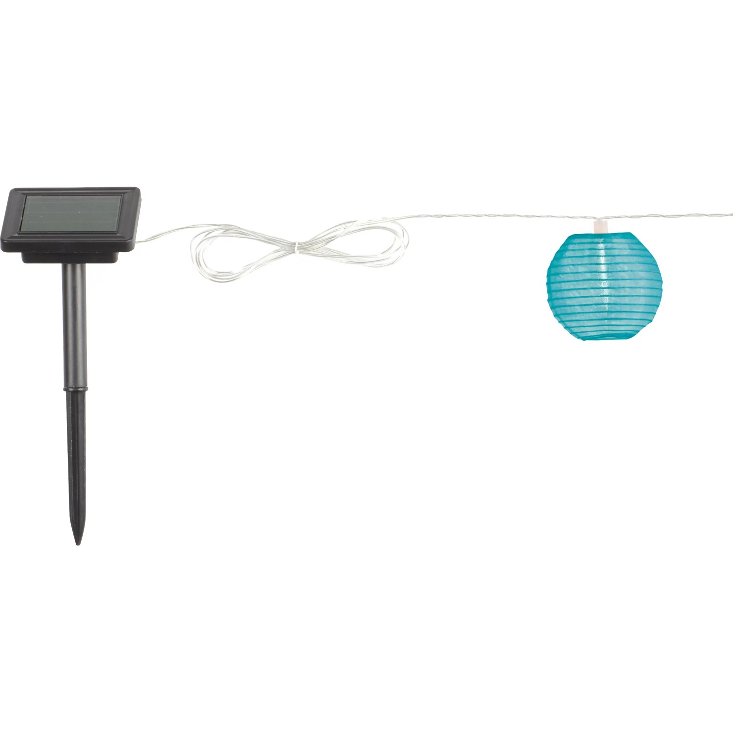 LED-Solar-Lichterkette mit bunten Lampions und Solarpanel für den Garten.