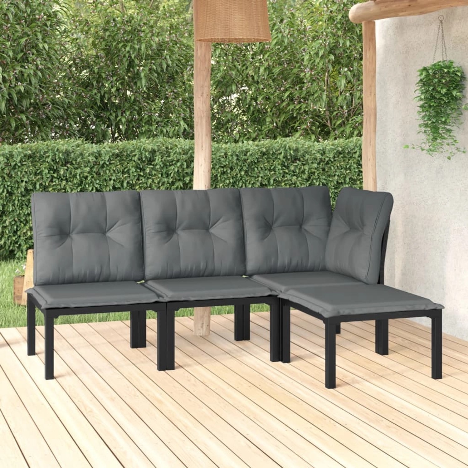 vidaXL 4-tlg. Garten Lounge Set, schwarz/grau, Poly Rattan, mit Eck-, Mittelstühlen und Hocker.