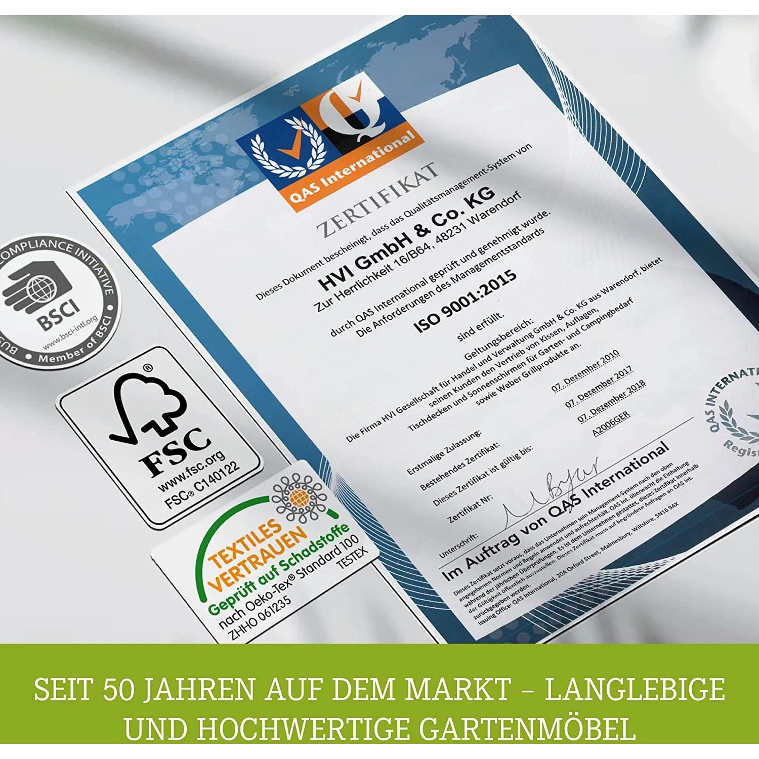 Zertifikate und Gütesiegel für Acamp Gartentisch: QAS International, BSCI, FSC, Oeko-Tex.
