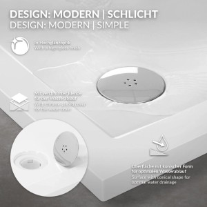 Weiße, eckige LuxeBath Duschwanne 90x90 cm mit Hochglanz-Oberfläche und verchromtem Ablauf. Konische Form für optimalen Wasserablauf.