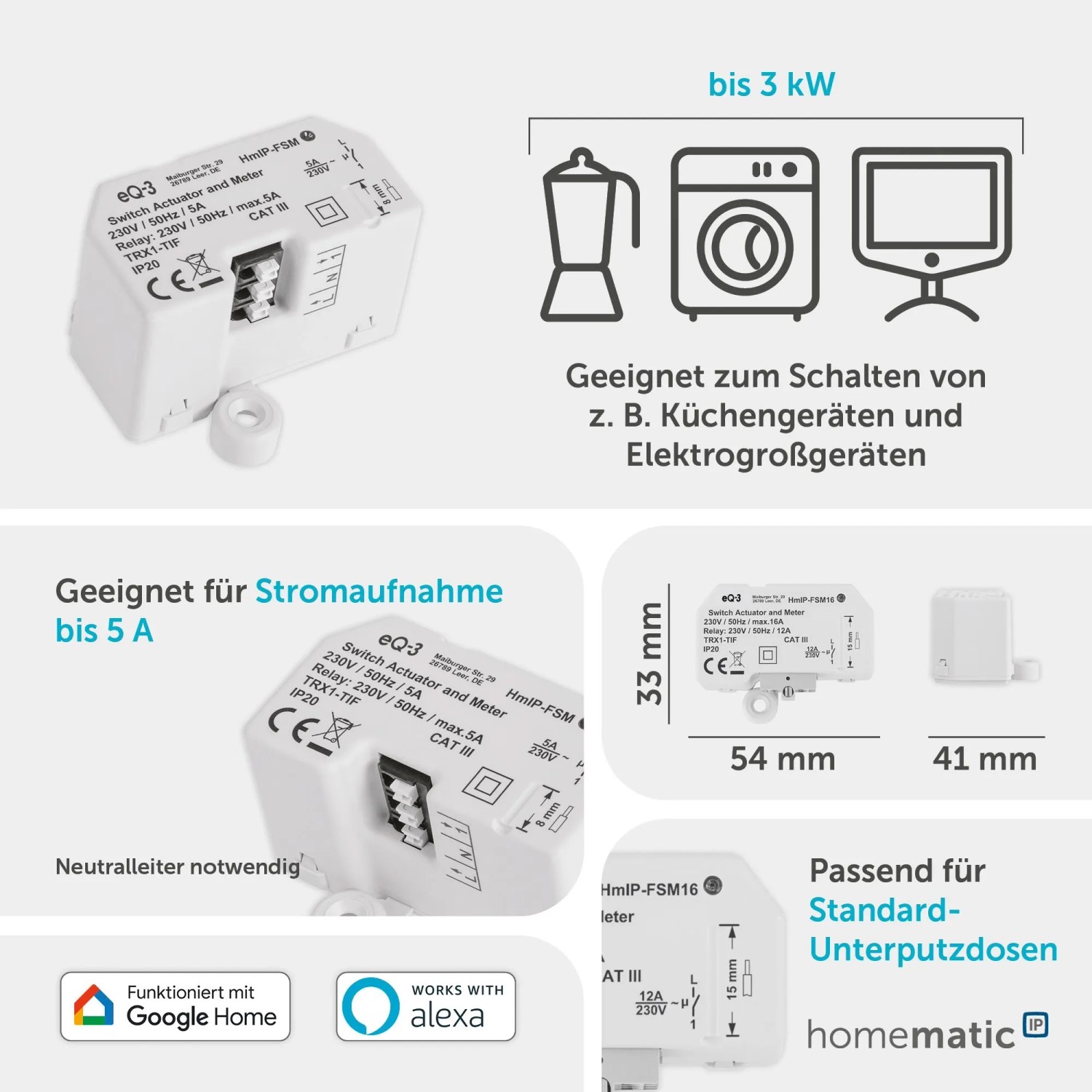 HmIP Schalt-Mess-Aktor (16 A) für Unterputzmontage zur Hausautomation. Schaltet Geräte und misst Verbrauch.