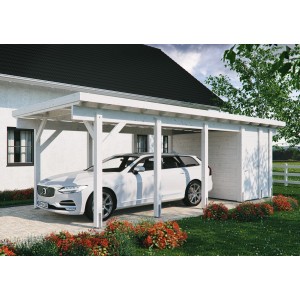 Weißer Kiehn-Holz Geräteraum für Einzelcarport KH 320 mit Auto im Carport.
